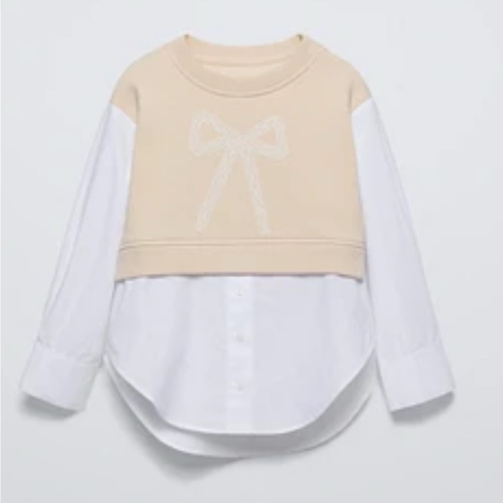ZARA Kids Girls Beige Bow Sweatshirt White Button Down Shirt Layered Top 13-14